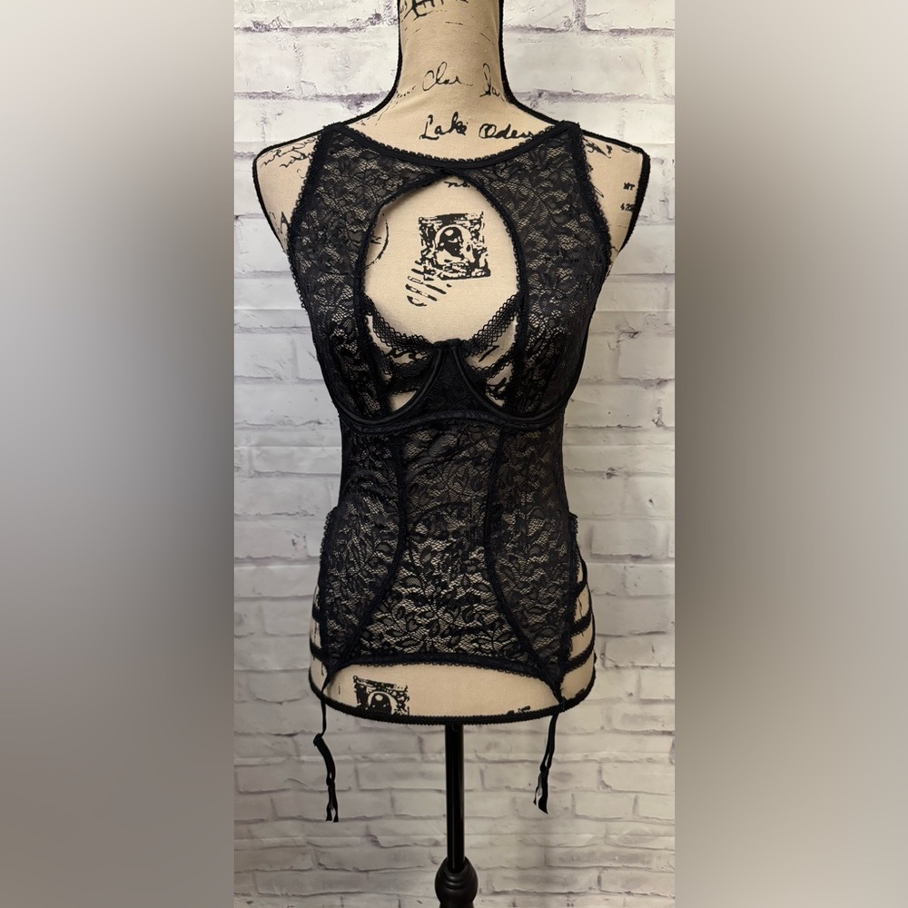 Adore Me 34DD Bustier Garters Black Sexy Boudoir Roleplay Girly Sheer Stretch‎